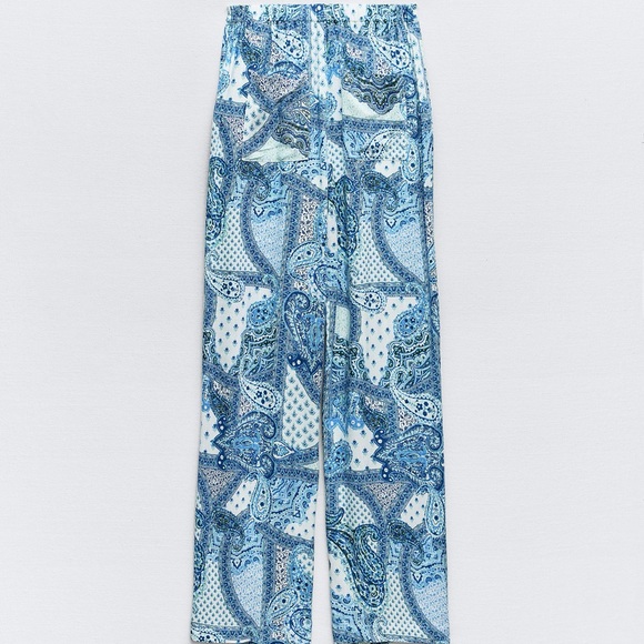 ZARA Wide Leg Paisley Blue  Linen Pants SZ Medium - Picture 2 of 7